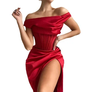 Custom Elegant Drape Streetwear Off Shoulder Corset Design Knee-Length Satin Women Bodycon Dresses