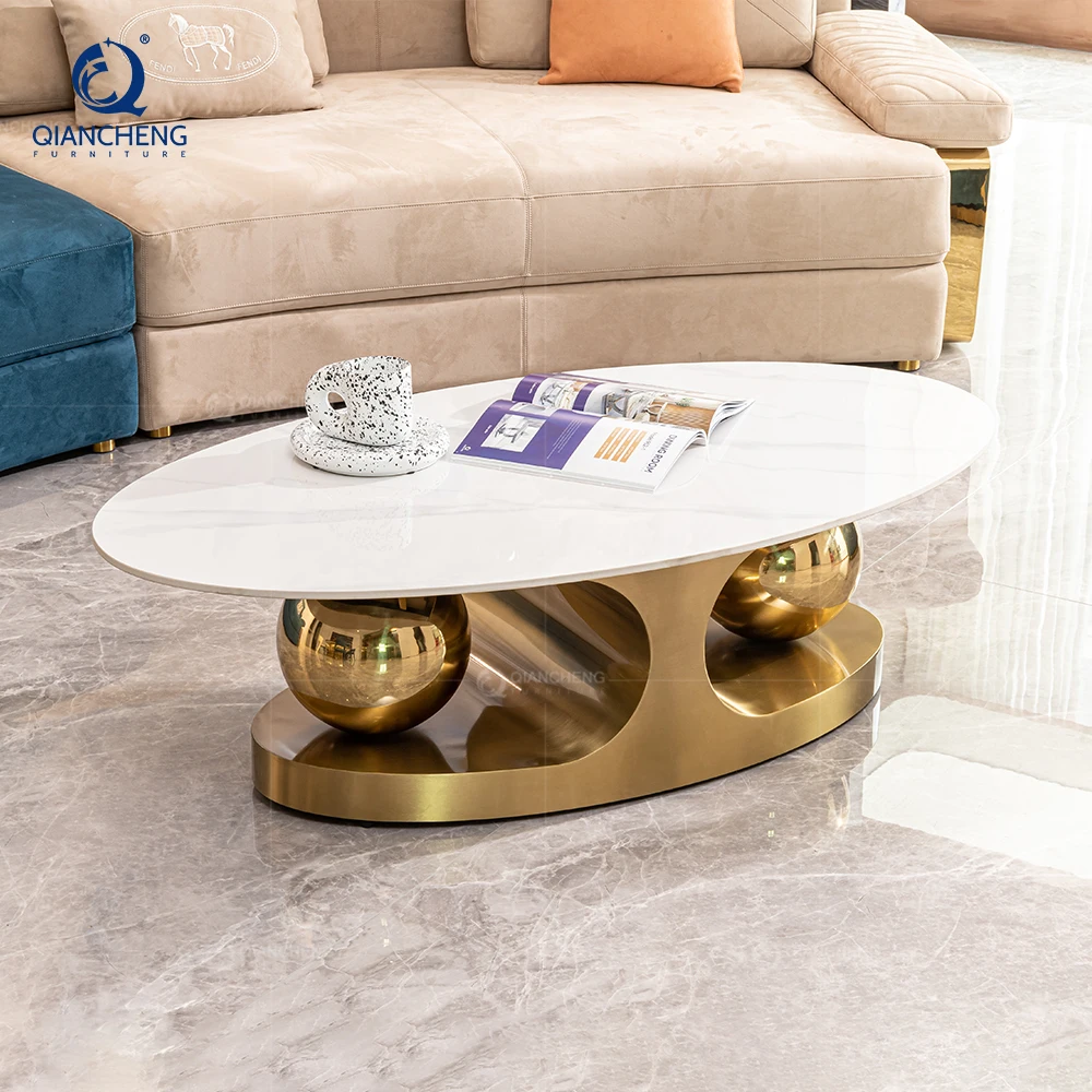 Dubai Design Coffee Table High-end Villa Custom Villa Hotel Home Furniture Oval Marble Stainless Steel Base Gold Center Table