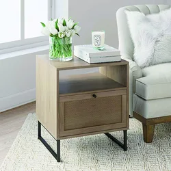 Living Room Nightstand Bedroom End Wood Side Table Wood Finish & Matte Accents Natural Oak Black Bedside Table with Storage