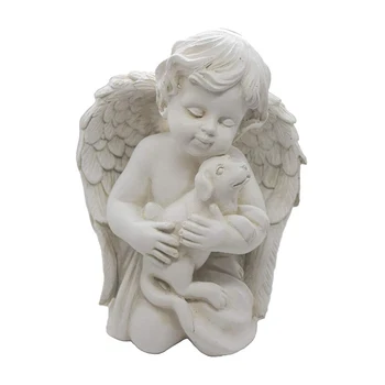 Resin Baby Angel with Puppy Memorial Sculpture Indoor Outdoor Guardian Rememberance Figurine