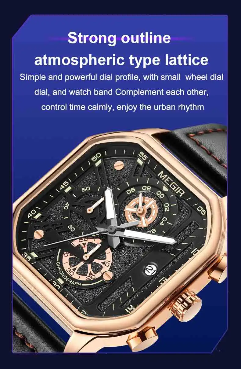 MEGIR 8106 Casual Leather Men's Watches Fashion Square Business Wristwatches Relojes Hombre Luminous Quartz Watches Custom LOGO