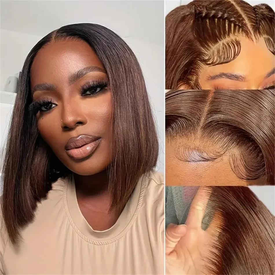 Chocolate Brown Bob Straight 13x4 Lace Human Hair Wigs 210% Density Brazilian Natural_voghion.com