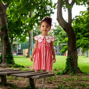 Custom Summer Fashion Embroidery Toddler Girls Dresses Stylish Cotton with Red Stripe & Scallop Collar