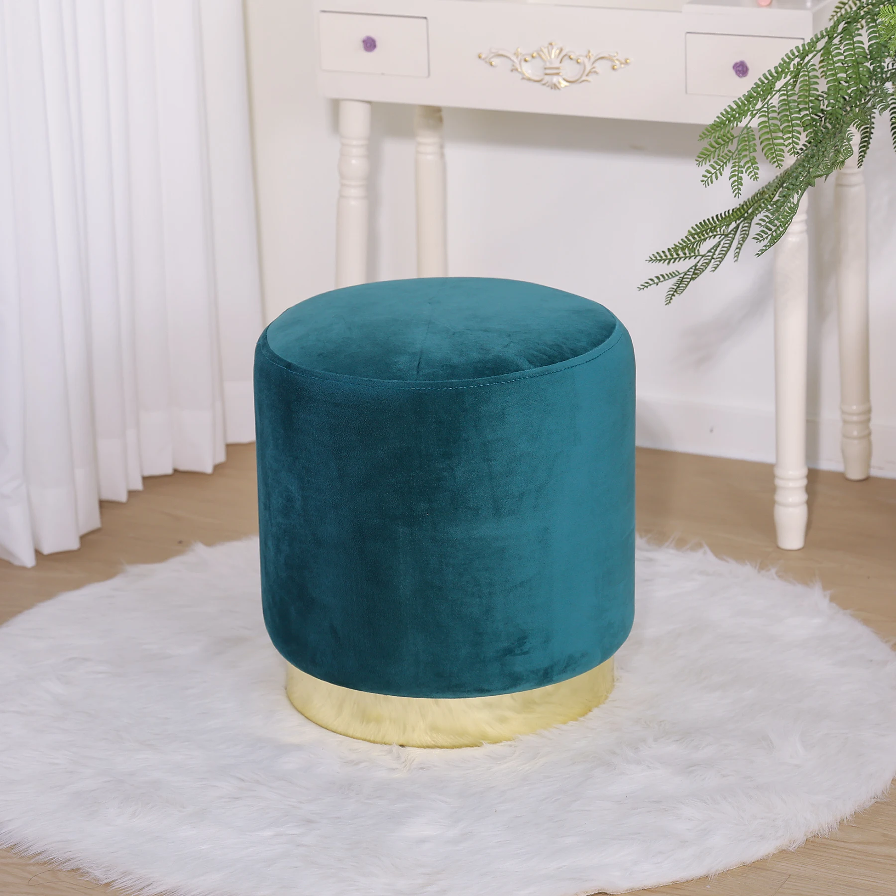HStex 2025 French Round Seated Adjustable pink Pouf Ottoman Velvet Metal Base Pouf Velvet Seat