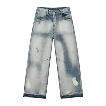 Heavy Industry Splashing Ink Whiten Personality Surge Make Old Jeans Tides Mid Waist Breathable Old Straight for Winter Summer