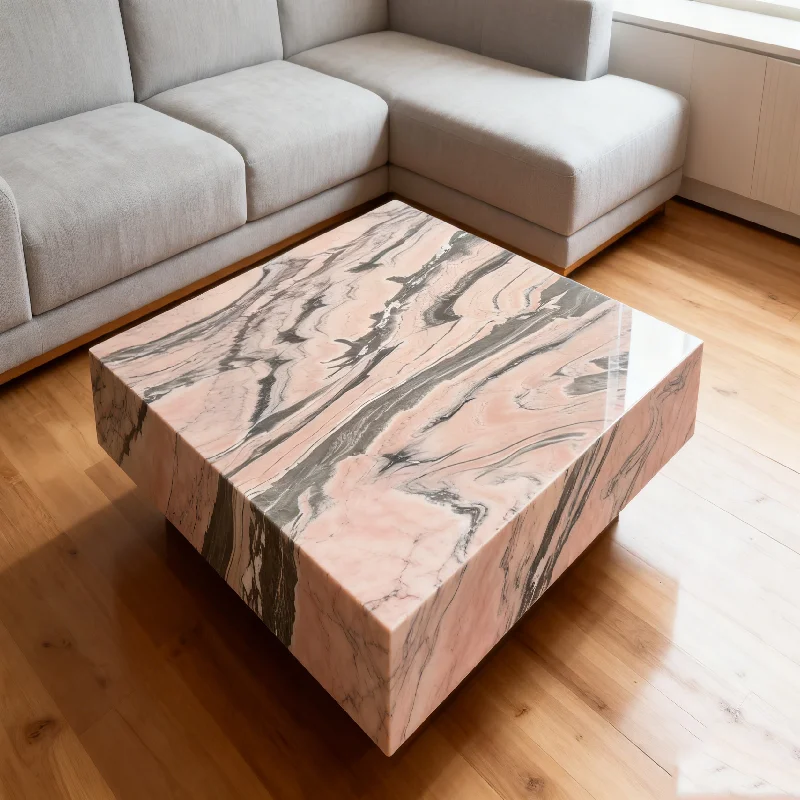 Różowy marmur Rosa Aurora nowoczesny stół do jadalni, stół do kawy i herbaty, niski cokół, luksusowy naturalny niestandardowy