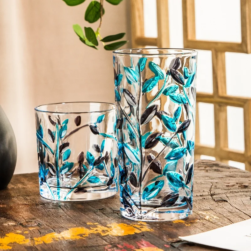 Creative Hand Painted Colorful Leaf Twig Embossed Mouth Blown Classic Highball Glasses Tall Beverage Cups