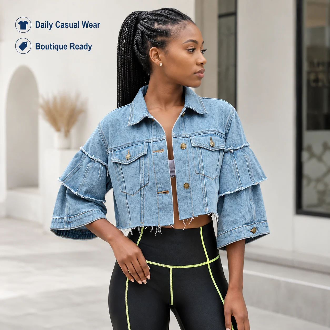 New Fashion Button Tassel Casual Solid Motorcycle Denim Cropped Jacket with Cotton Filling and Pockets for Women