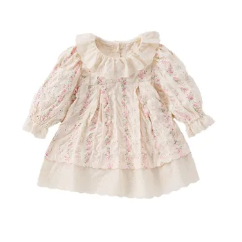 Ins 2025 Spring Autumn New Collection Girls' Lace Collar Dress Korean Version Sweet Floral Princess Dress for Baby Girls