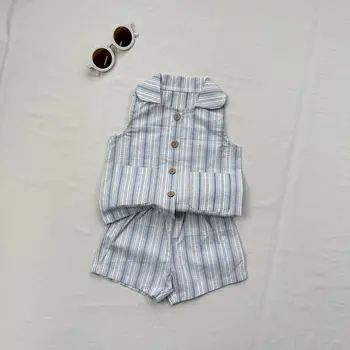 Korean Style INS Striped Casual Two-Piece Set for Girls Blue Summer Turn-Down Collar Vest Shorts Fashionable Striped Outfit