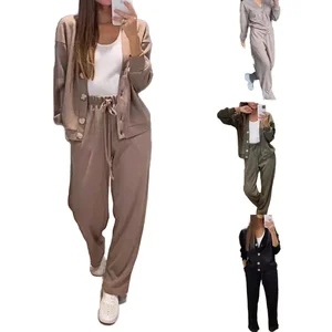 Autumn New Fashion V-neck Solid Breathable Simple Loose Sweater Casual Straight Leg Pants Women's Set