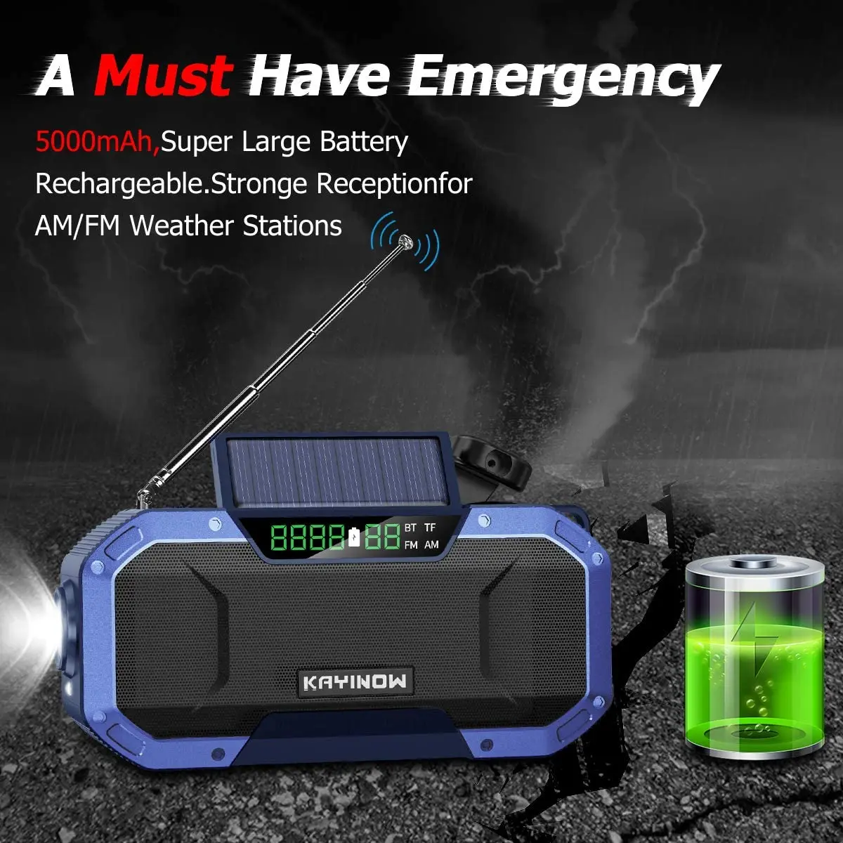 
KAYINOW Emergency AM/FM Hand-Crank Radio with Bright Flashlight, SOS Alarm and 5000mAh Power Bank 