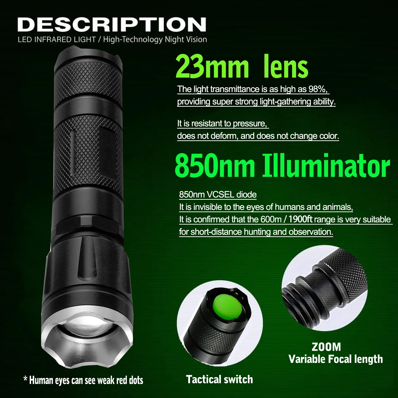 IR Flashlight 850nm 940nm Infrared illuminator Night Vision Light Zoom LED Torch 