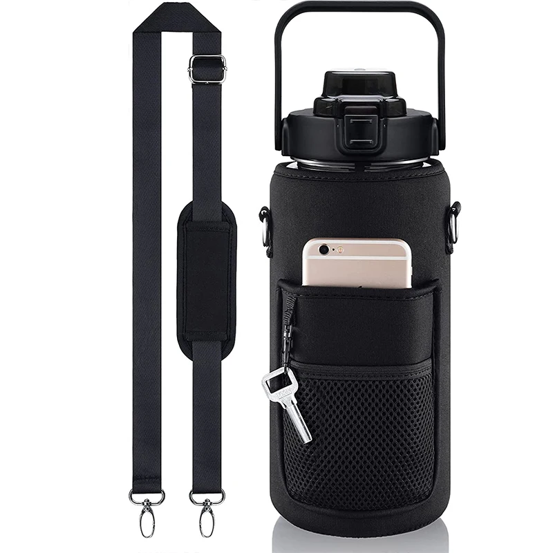 Outdoor Black 2L Water Bottle Cover Insulated Bag Carrier Pouch Holder Strap