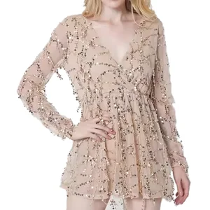 Solid Party Women's V-Neck Bodycon Mini Dress Long Sleeve Sequin Decoration Mesh Eco-Friendly and Customizable ODM Woven Dress