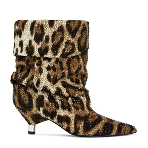 Fashionable Mid Waist Leopard Print Rhinestone Camisole Boots with Pointed Slimming Sequins Women's Mid Heel Calf Boots
