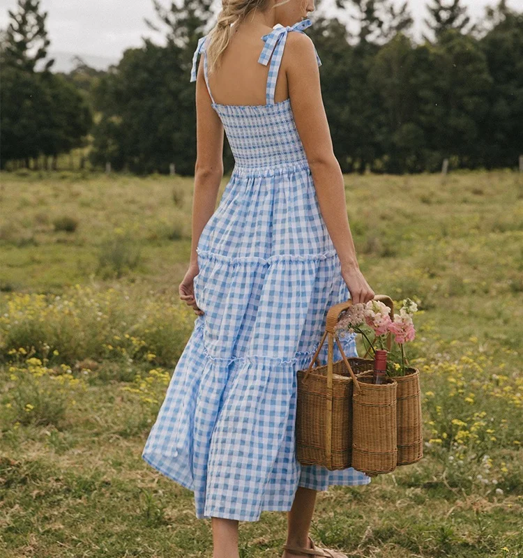 Women Blue Gingham Dress - Casual Linen Midi Style