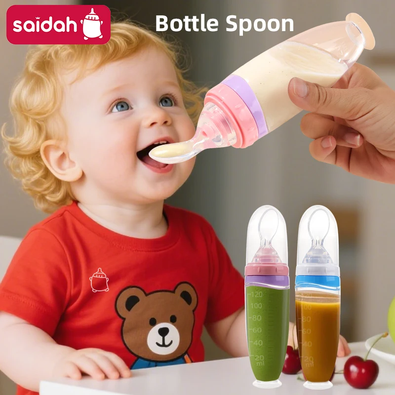 (Test Report)120ml/4OZ BPA Free Baby Products Silicone Infant Food Fruit Rice Paste Squeeze Dispensing Spoon Feeder Bottle 0-24M