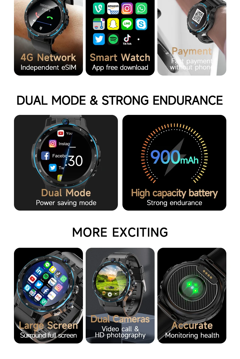 A5 Touch Screen Smart Watch 6+128g Pluggable 4g Sim Card Dual Camera