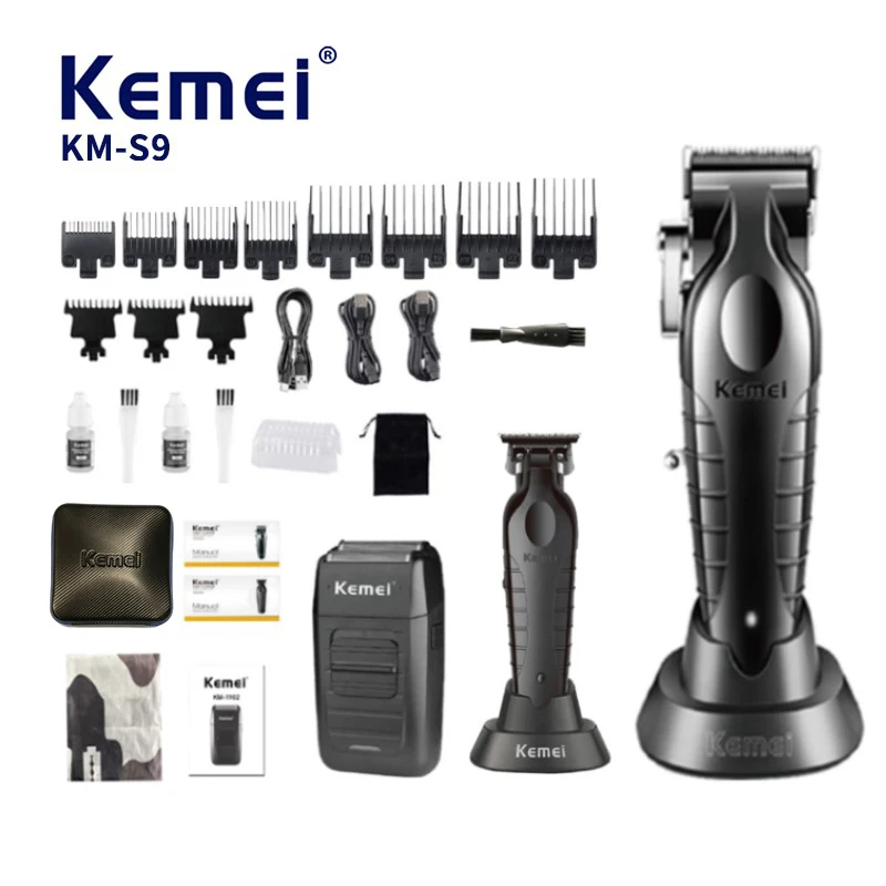 Kit de tondeuse professionnelle sans fil Kemei KM-S9, 3-en-1, tondeuse DLC, batterie de 2500 mAh, rasoir pour barbe, outil d’épilation capillaire, sac en EVA inclus, certifié CE, OEM