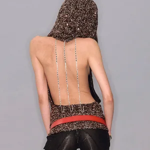 Summer Sequin V-Neck T-shirt Top Female Sleeveless Back Metal Chain Sexy Hoodie Cropped Top Slim Women's Glitter Tank Top