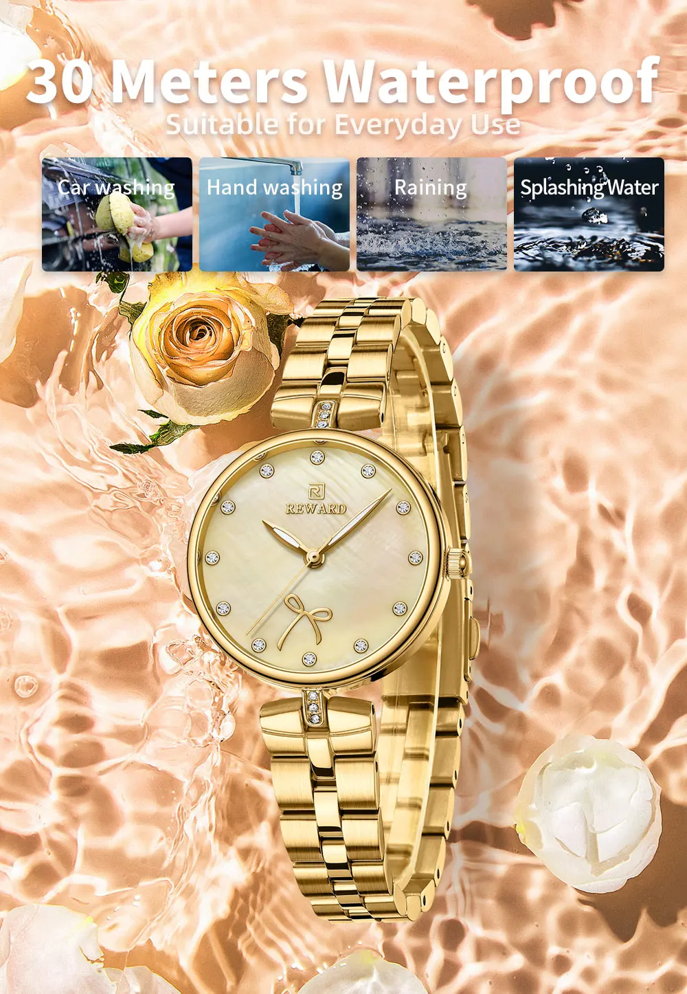 REWARD New Simple Thin Quartz Watches for Women Shell Dial with Rhinestones Clock Female Stainless Steel Band Wristwatch