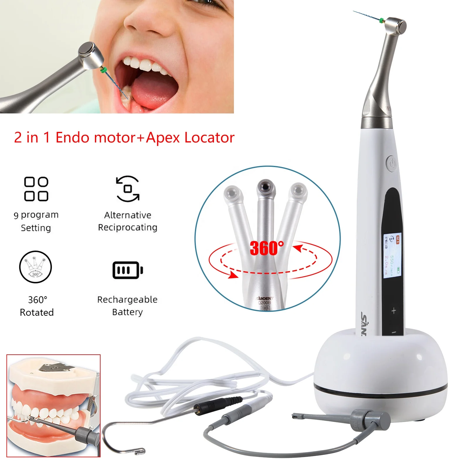 Dental 2In1 Wireless Endo Motor with Built-in Apex Locator 16:1 Reciprocating Contra Angle Root Canal Treatment Woodpecker Style