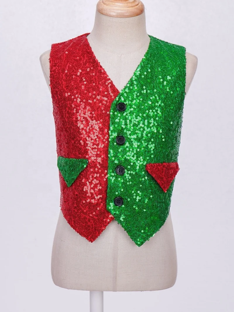 Kids Boys Christmas Dress up with Color Block Sequin Vest - Main Image