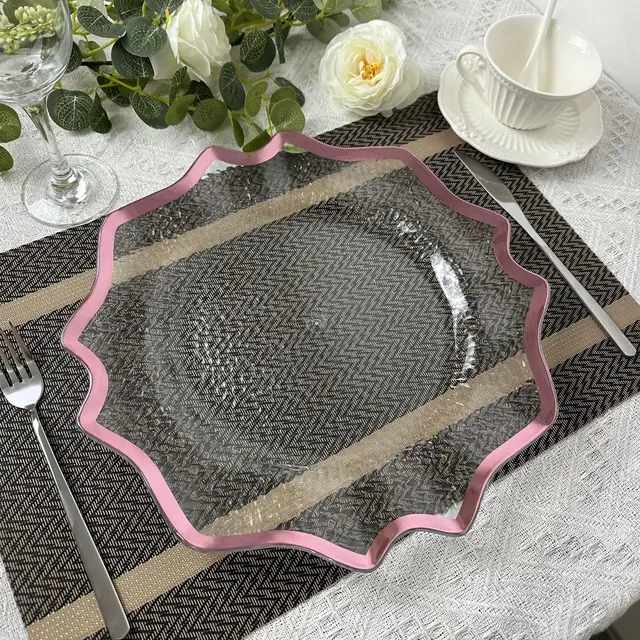 13 Inch Rose Gold Rim Plastic Clear Decorative Dinner Charger Plates  For Table Setting Events