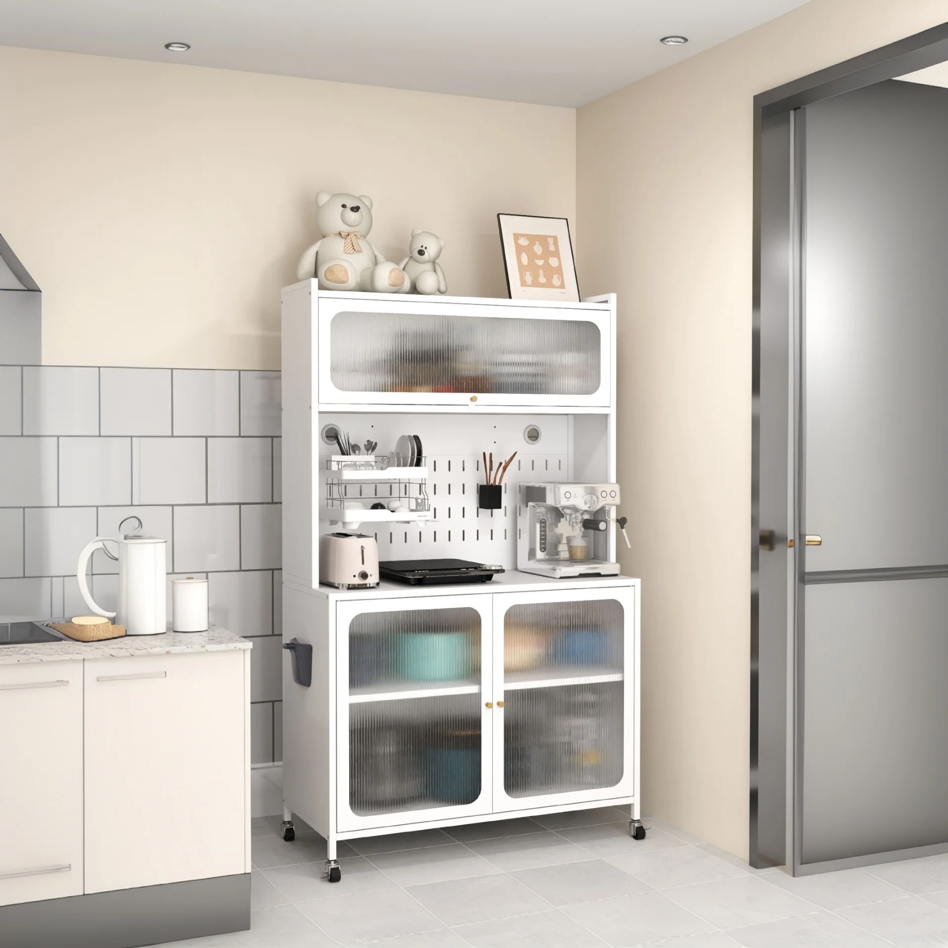 Многоярусный металлический кухонный шкаф с дверцами, напольный стеллаж для хранения, буфет для организации пространства в доме