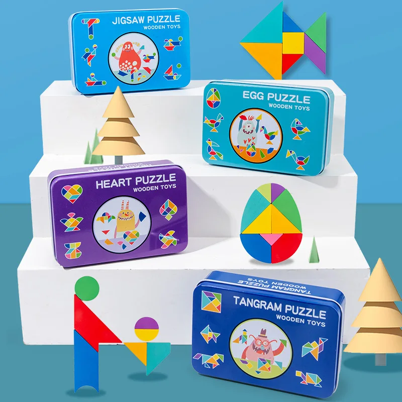 Wooden Tangram Pattern Blocks Jigsaw Puzzle Montessori Puzzle Shape Blocks Tangram Brain Teasers Jigsaw Early Learning Game