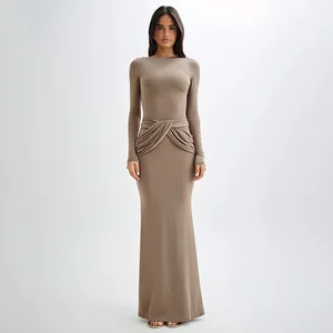 Diagonal Collar Long Sleeve Maxi Dress for Women 2024 Autumn Winter New High Waist Ruched Bodycon Sexy Long Dress
