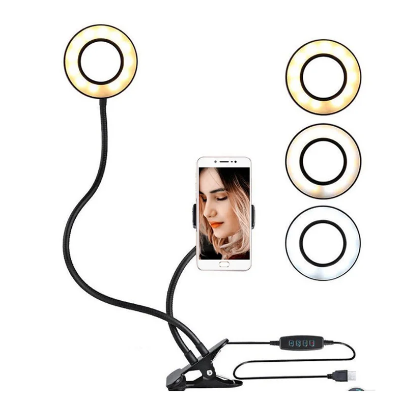 Hot Selling Multi Function 3 Desk LED Ring Selfie Light for Live Broadcast and Clip Cell Phone Holder