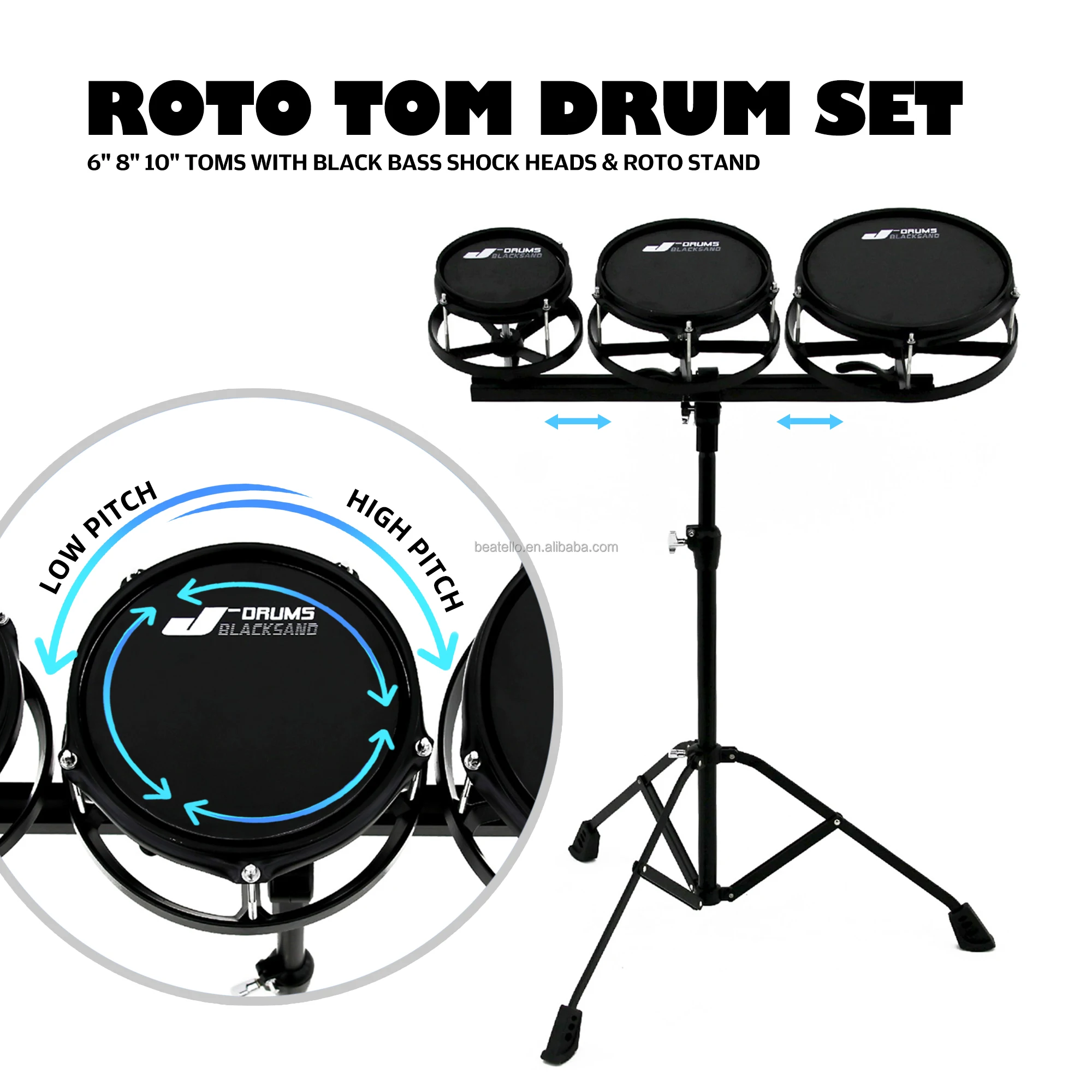 Beatello JBK 3Pc Roto Toms Drum Set - 6'', 8'', 10'' Toms with