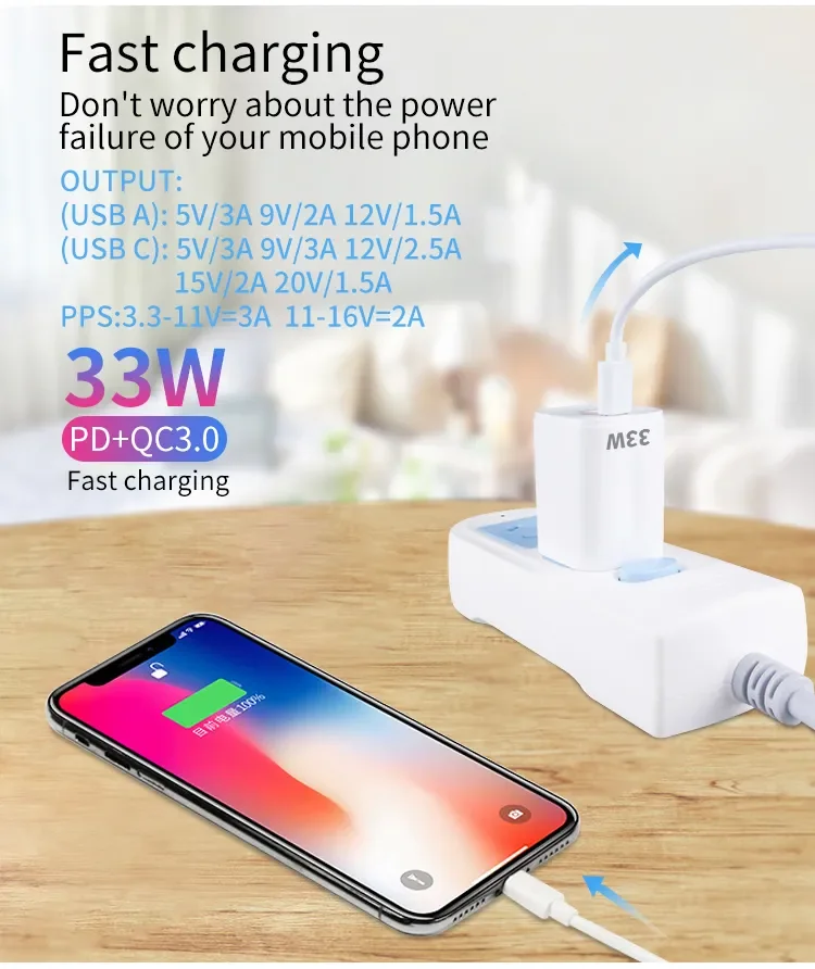 33W Dual Ports USB Phone Fast Charger 33W QC Type C Wall Charger US EU Plug Mobile Phone Charger For Xiaomi Mi Redmi