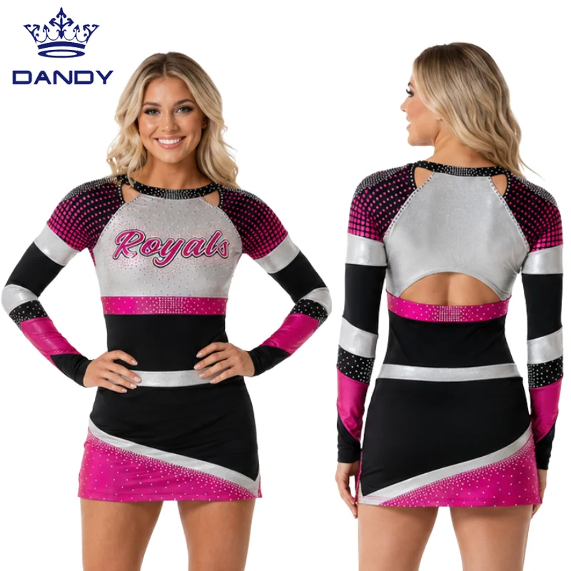 Black Pink Silver Rhinestone Cheerleading Uniform Long Sleeve Dress with Cutout Back One-piece Top with Shirts