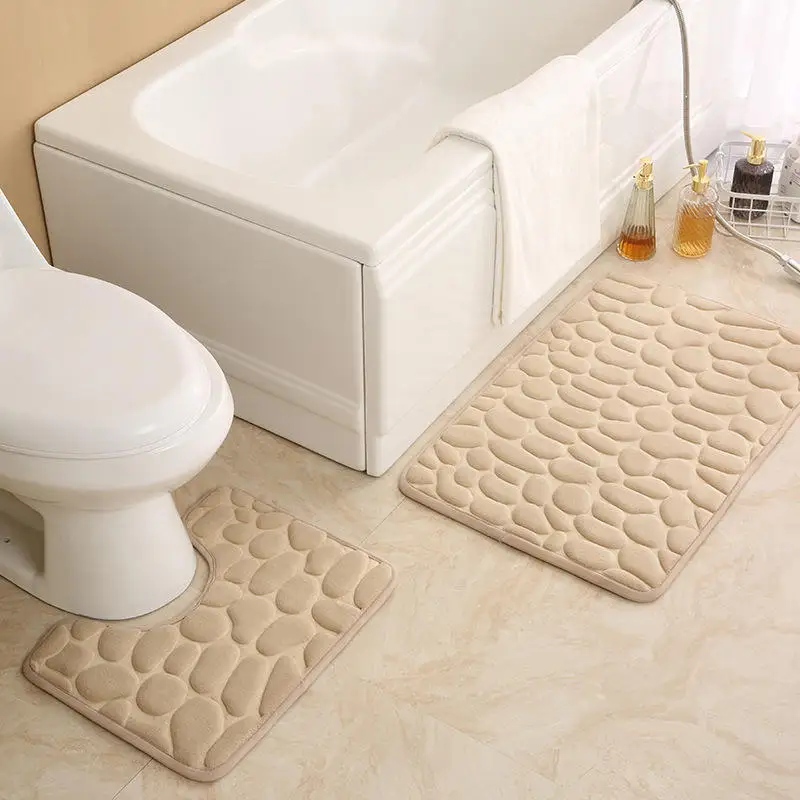 Hot Sale - 2-Piece Set Cobblestone Embossed Memory Foam Bath Mat - Absorbent, Non-Slip Bathroom Rugs and Mats, Plush Floor Mats for Toilet and Bathroom Use