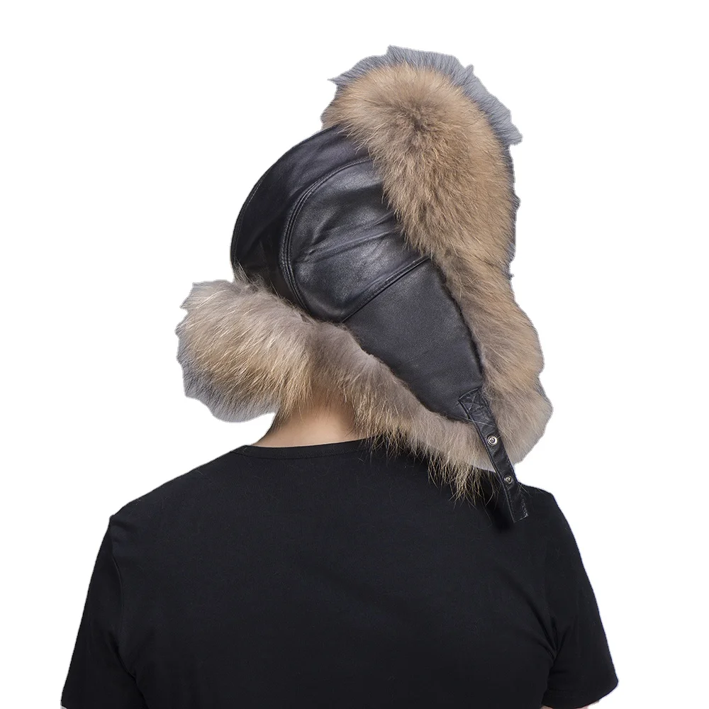 Mwfur Hunting Russian Raccoon Fur Hat for Men Fashion
