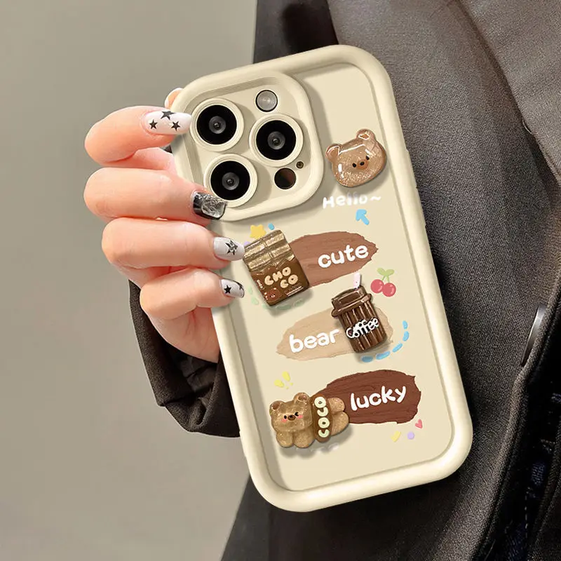 New Popular Bear Design Cute Lucky Cartoon Coffee Cup Style TPU Mobile Phone Case For Iphone 7 8 X XR XS 11 12 13 14 15 Pro Max