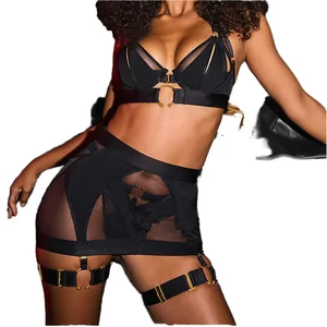 Luxury Women's Erotic 3-Piece Set Sexy Black Mesh Spanking Skirt with Embroidery Thongs Underwear