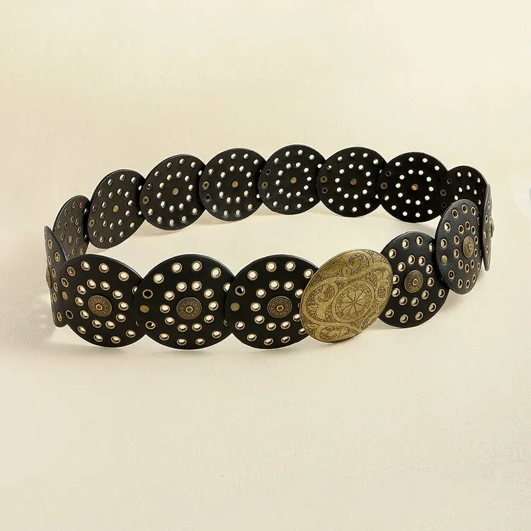 QS Vintage PU Belt Rivet Hollow Out Round Disc Waist Belts Metal Buckle Cowboy Wide for Women