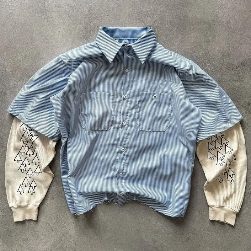 Salati Streetwear Custom Oversized Stripe Embroidery Button Down up Double Layer Long Sleeve T-shirts Stripe Work Shirt for Men