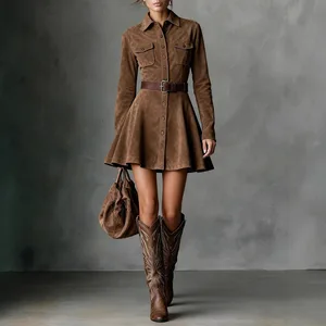 New Women's Casual Shirt Dress Elegant Charm Solid Color Long Waist Cinched Design Women's Casual Dress