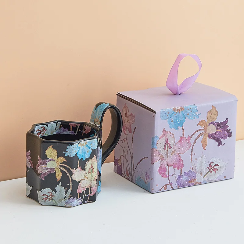 product hotsale creative business gift idea medieval style octagonal ceramic cup watercolor iris coffee mug with fruit basket-7