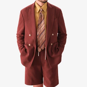 High Quality  2 Pieces Cotton Casual Solid Color Suit for Men Slim Fit Soft Men Suit Jacket with Short Pant