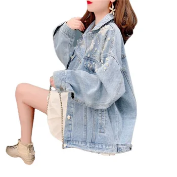 Jeans long jacket with Accessories of beading and flowers on the front side 2024 hot selling