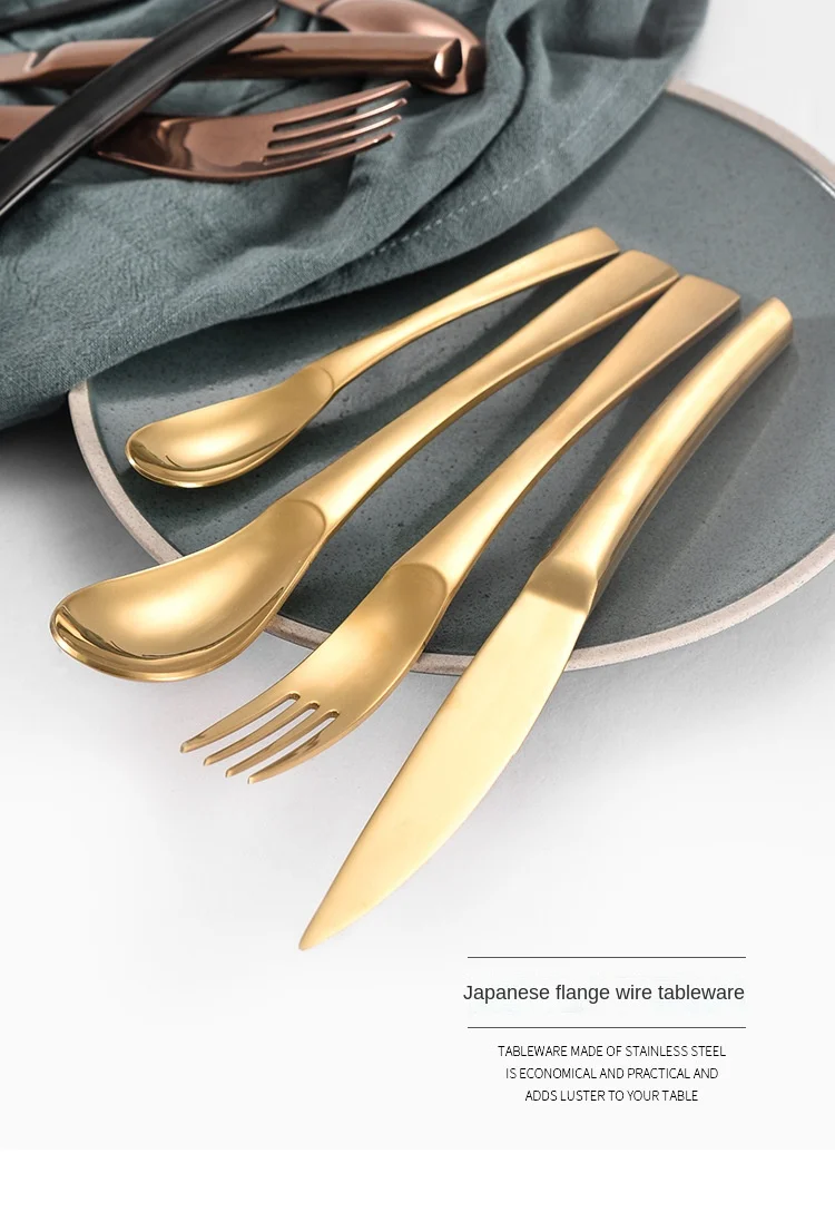 304 Stainless Steel Flange Wire Titanium-Plated Rose Gold Knife Fork and Spoon Four-Piece Tableware Set Western Food Hotel Steak
