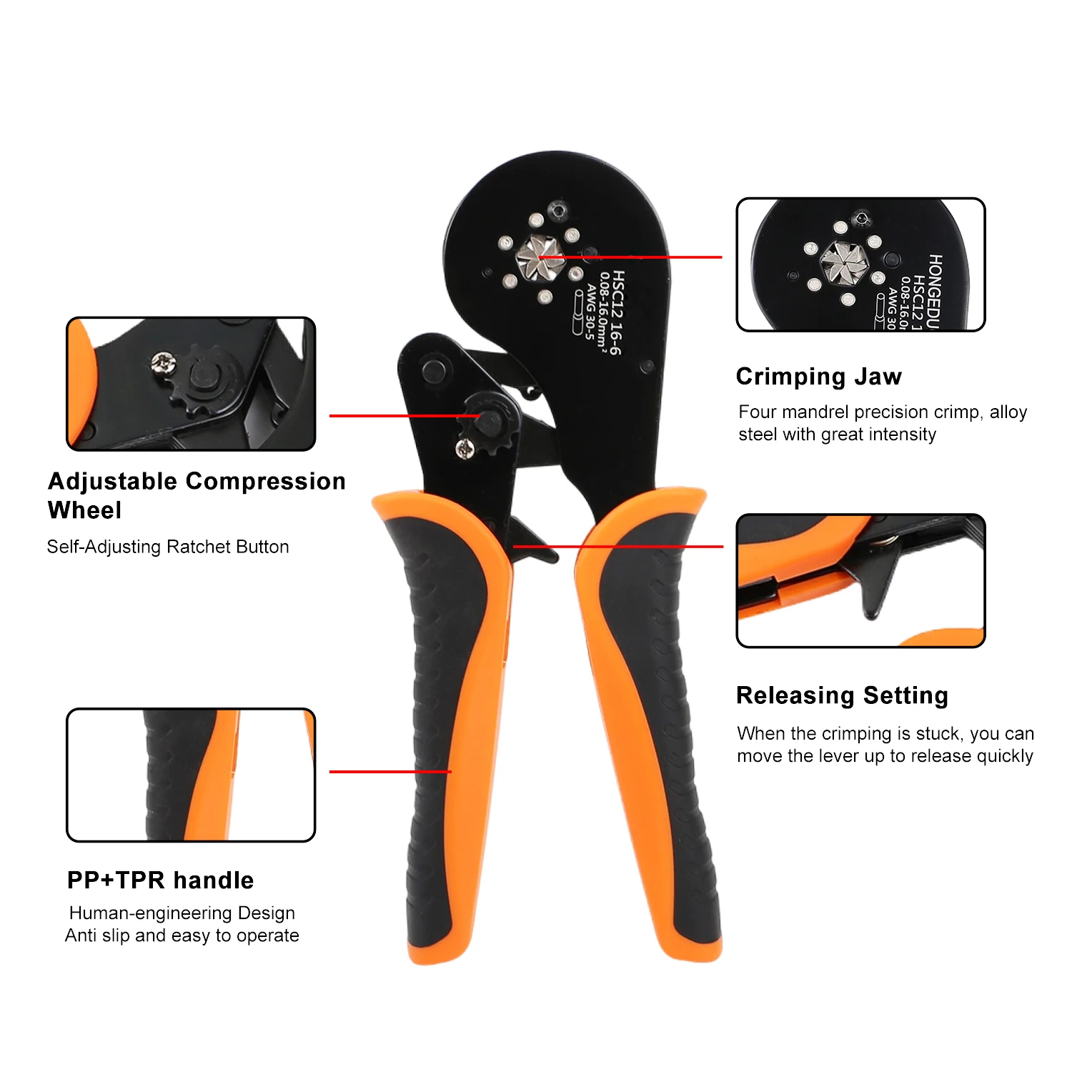 HSC12 16-6 1200PCS 0.08-16mm2 30-5\AWG 6 Sides Wire Tubular Ratcheting Ferrule Terminal Connectors Hand Tool Crimp Pliers Set