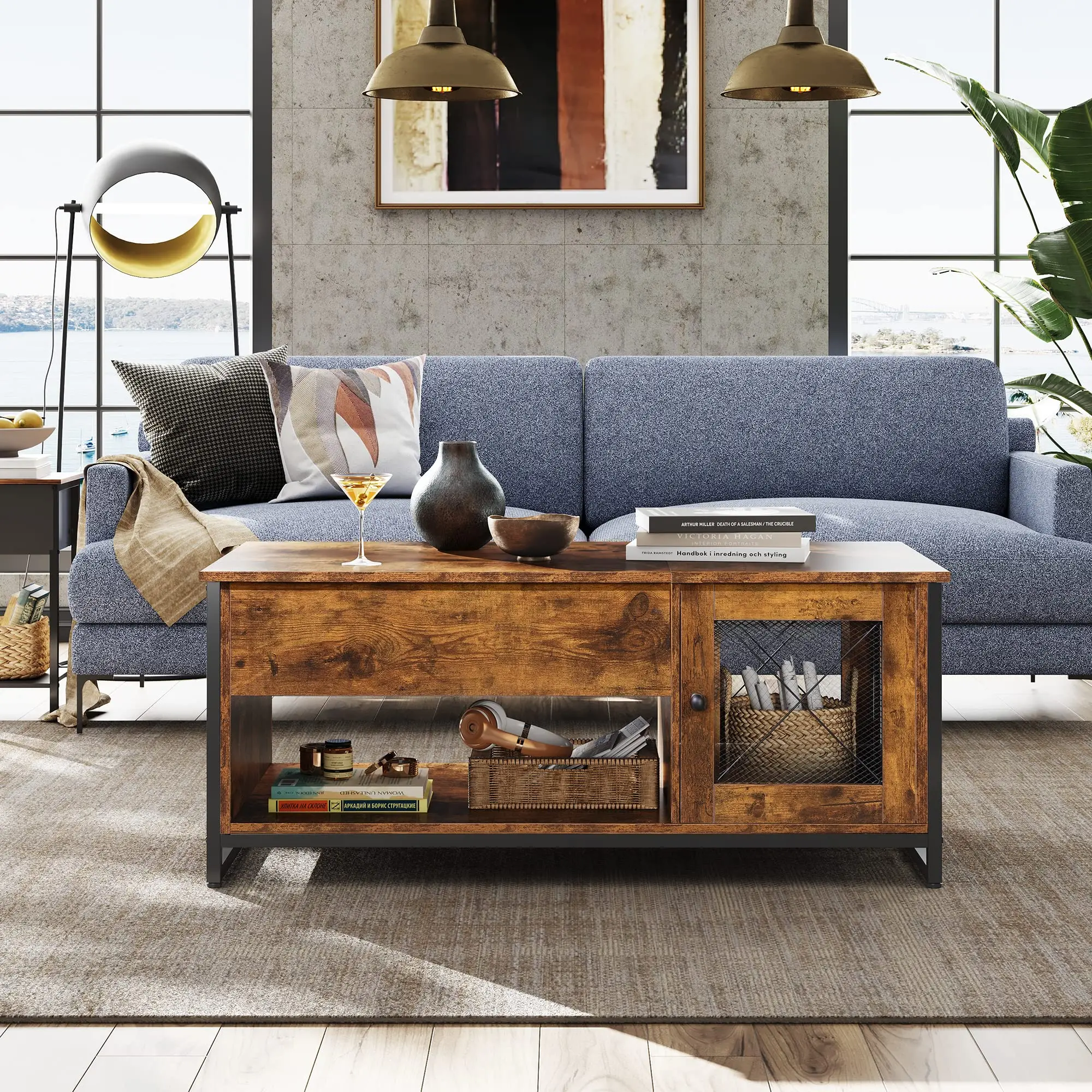 Rustic Brown Table with Storage,Hidden Compartment and Open Shelf with Metal Mesh Door Cabinet Lift Top Coffee Table