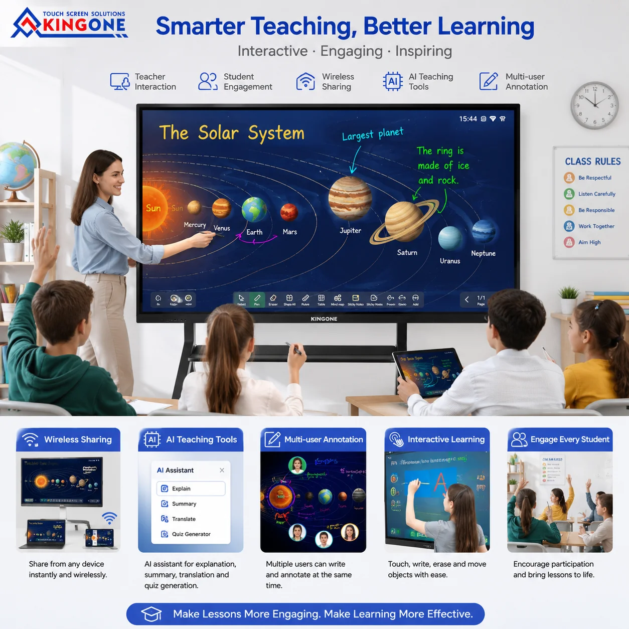 KINGONE Cheap Price 65 75 86 100 Inch LCD Digital Display Infrared AI Classroom Interactive Smart Board Touch Screen Whiteboard